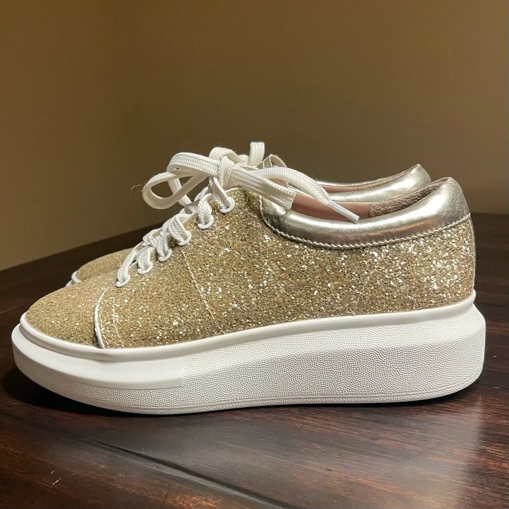 Línea Paola Kelsey Playful Lace-Up Platform Tennis Shoes PU Gold Glitter - Picture 7 of 16
